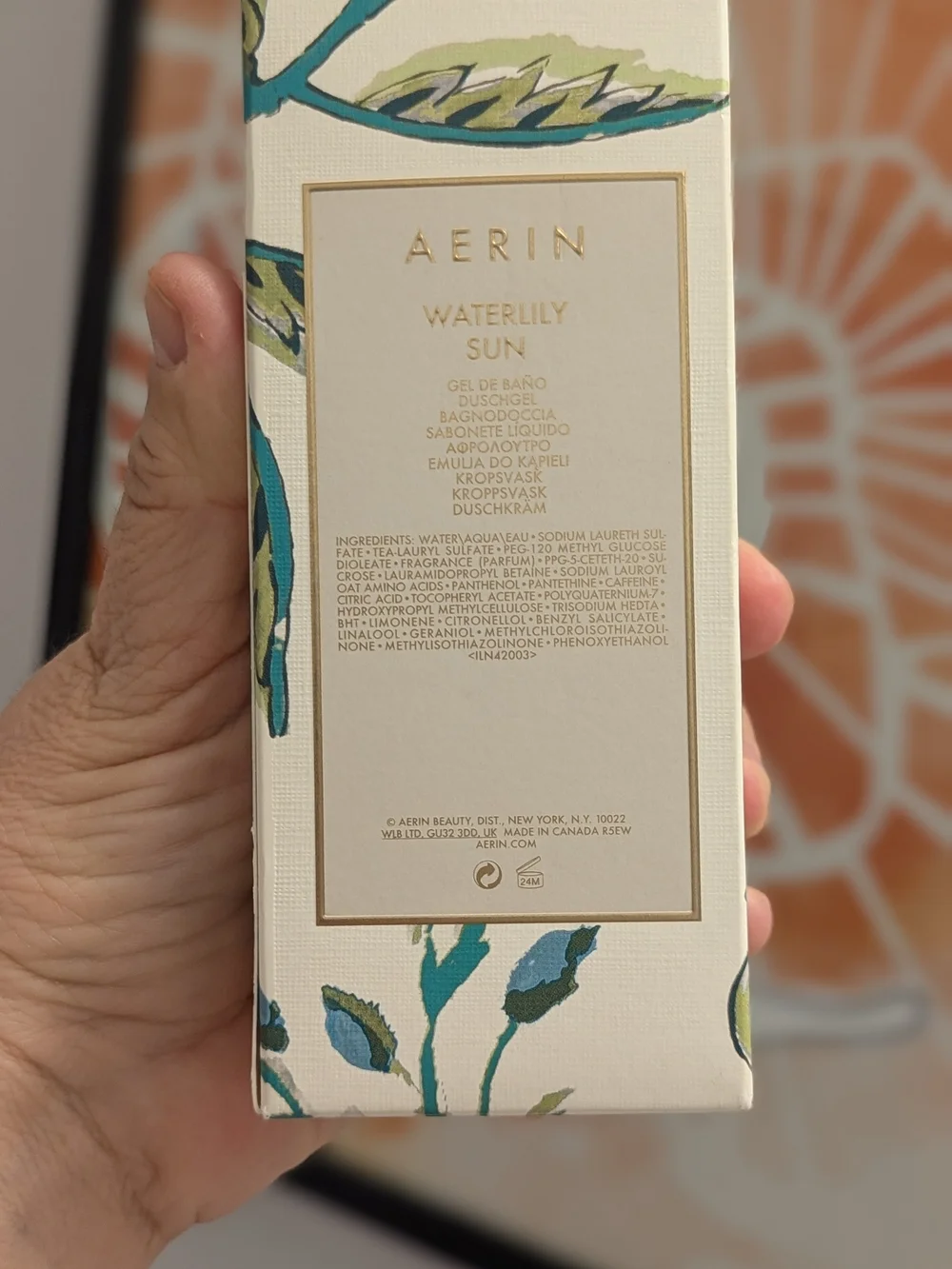 Aerin Waterlily Sun Body Wash — Teal, Green & Pink Floral Packaging
